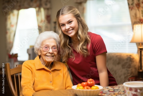 Caregiver hugging a smiling senior woman in a retirement home