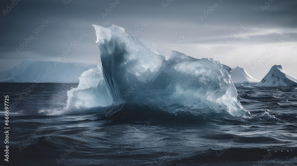 Icebergs float on the cold sea under a cloudy sky. Nature's frozen artwork, illuminated by the chilly, muted light. Climate change awareness. Glacial elegance.