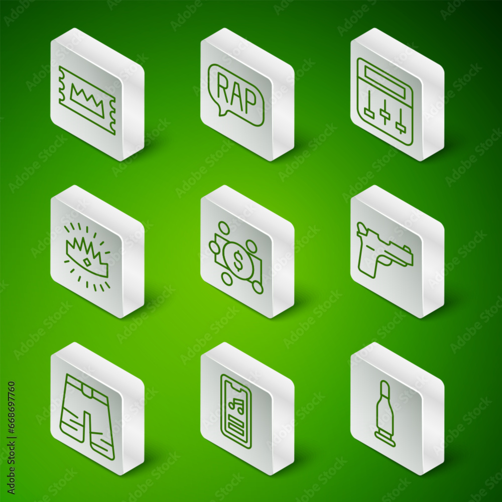 Set line Bullet, Music player, Concert ticket, Stacks paper money cash, King crown, Rap music, Wide pants and Pistol or gun icon. Vector Set line Bullet, Music player, Concert ticket, Stacks paper money cash, King crown, Rap music, Wide pants and Pistol or gun icon. Vector