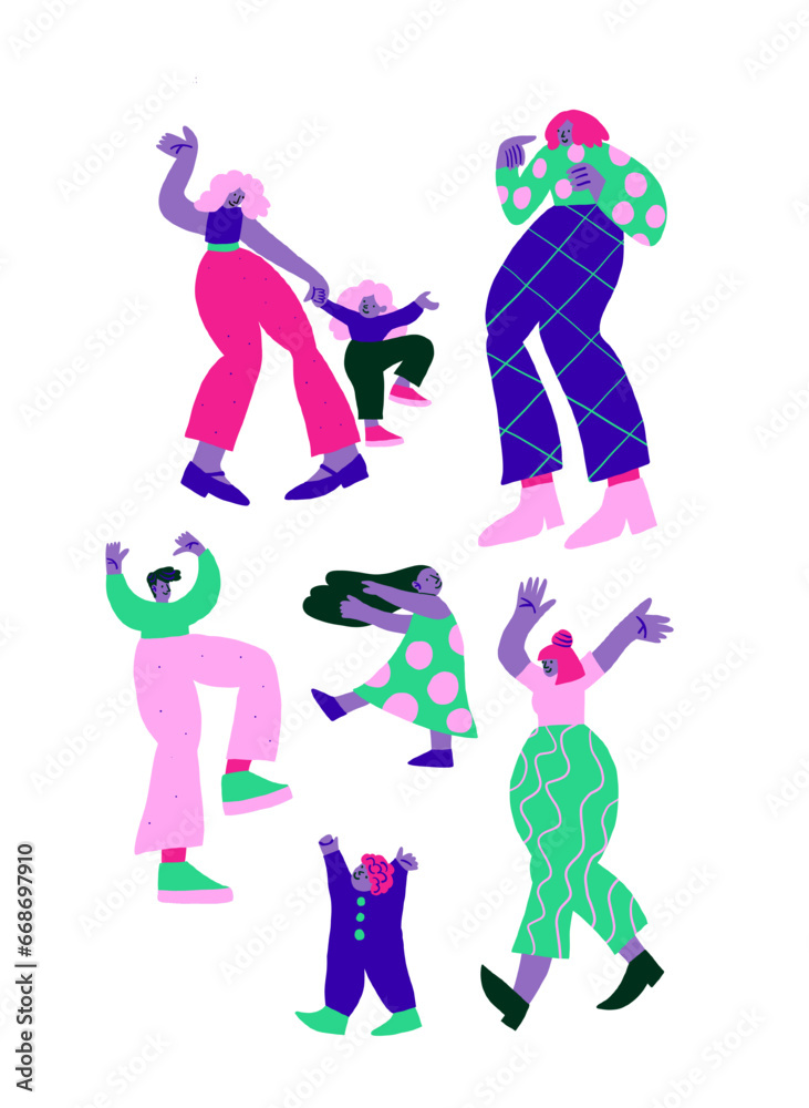 Vertical poster with doodles of colorful people, couples, family, children on white. Party people concept. Vector illustration