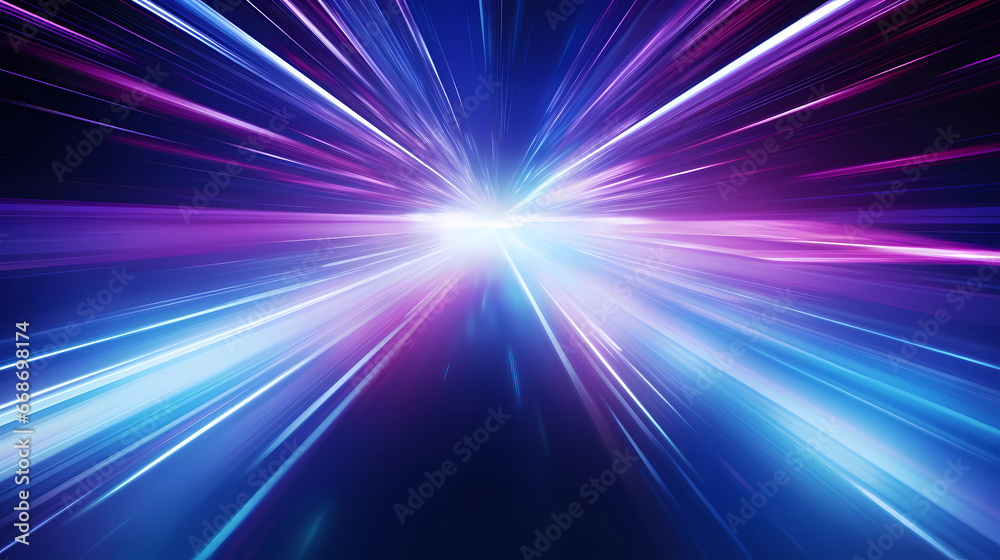 high speed technology concept background, light abstract background. Image of speed motion on the road. Abstract background in blue and purple neon glow colors