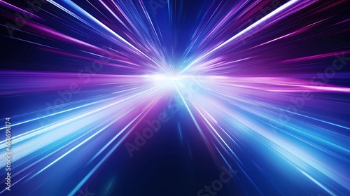 high speed technology concept background, light abstract background. Image of speed motion on the road. Abstract background in blue and purple neon glow colors