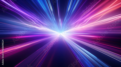 high speed technology concept background, light abstract background. Image of speed motion on the road. Abstract background in blue and purple neon glow colors