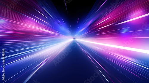 high speed technology concept background, light abstract background. Image of speed motion on the road. Abstract background in blue and purple neon glow colors