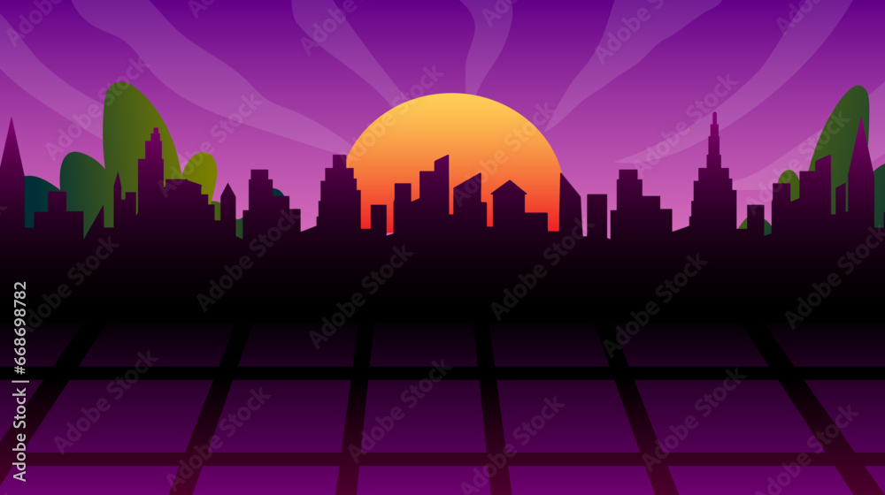 Futuristic night city. Cityscape on a purple background with sunset. Wide city front perspective view. Cyberpunk and retro wave style illustration.