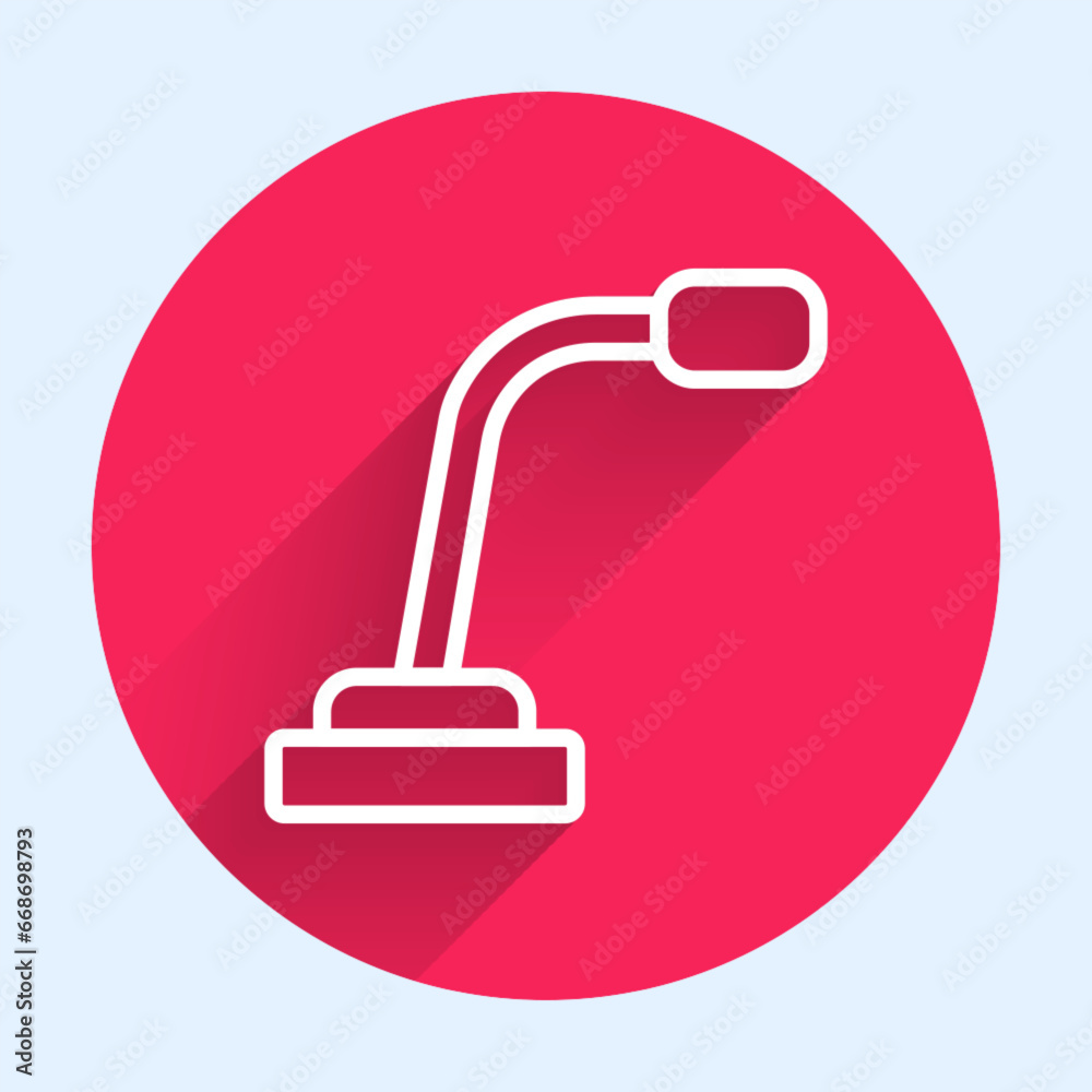 White line Microphone icon isolated with long shadow. On air radio mic microphone. Speaker sign. Red circle button. Vector White line Microphone icon isolated with long shadow. On air radio mic microphone. Speaker sign. Red circle button. Vector