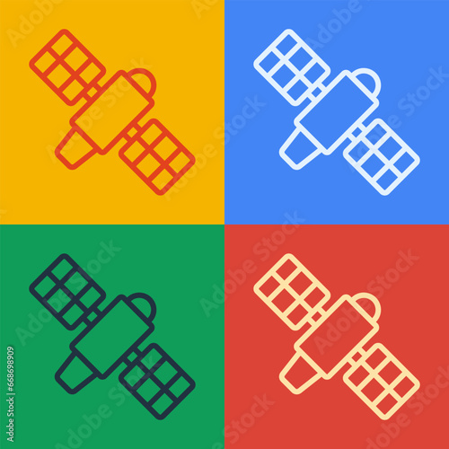 Pop art line Satellite icon isolated on color background. Vector