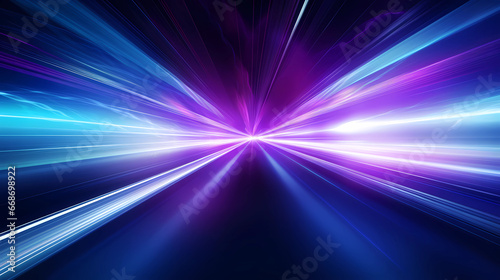 high speed technology concept background, light abstract background. Image of speed motion on the road. Abstract background in blue and purple neon glow colors