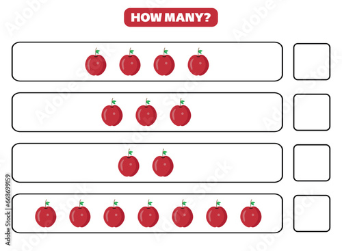 How many apple are there? Educational worksheet design for children. Counting game for kids.