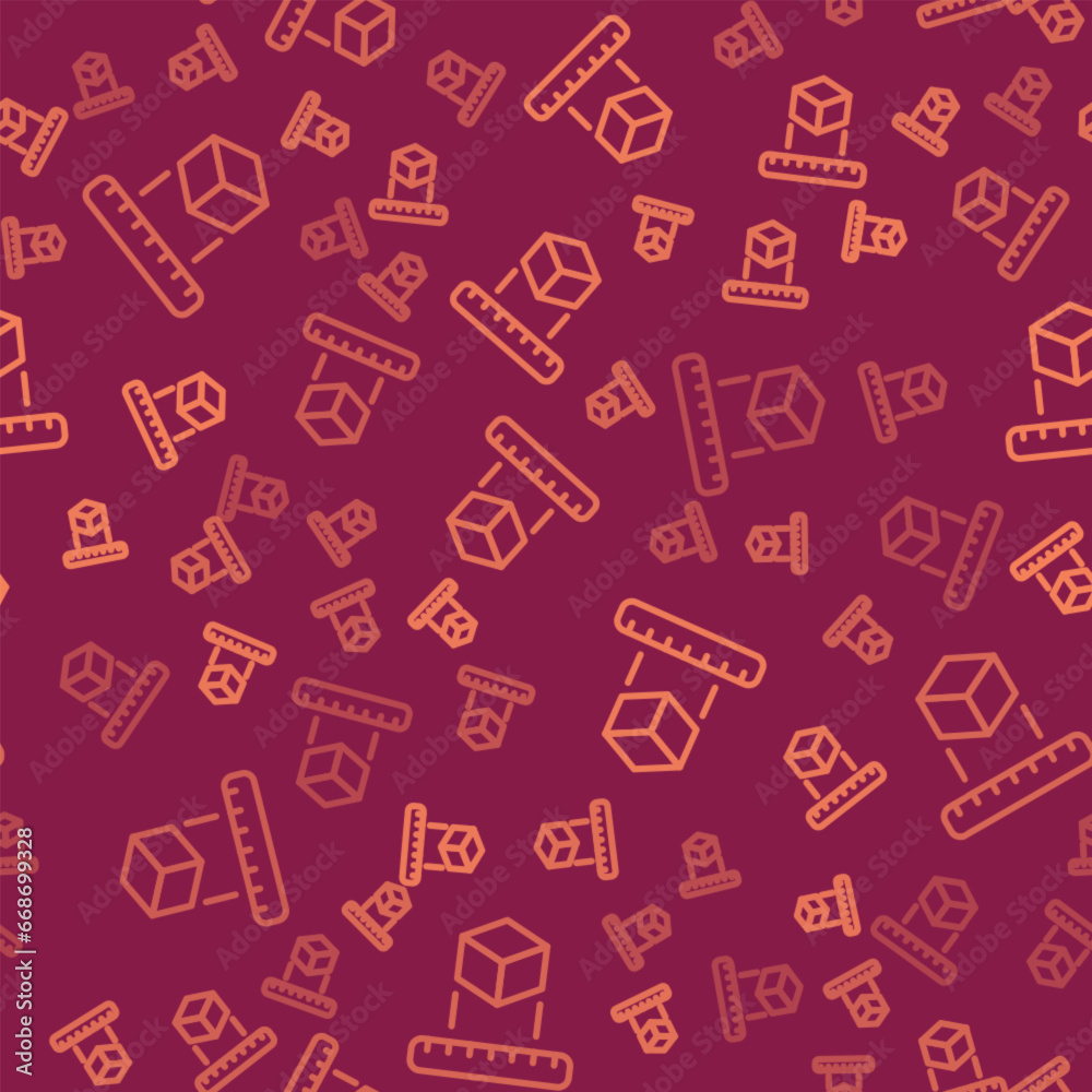 Brown line Isometric cube icon isolated seamless pattern on red background. Geometric cubes solid icon. 3D square sign. Box symbol. Vector Brown line Isometric cube icon isolated seamless pattern on red background. Geometric cubes solid icon. 3D square sign. Box symbol. Vector