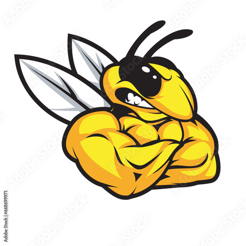 Vector illustration of Cartoon strong bee mascot character