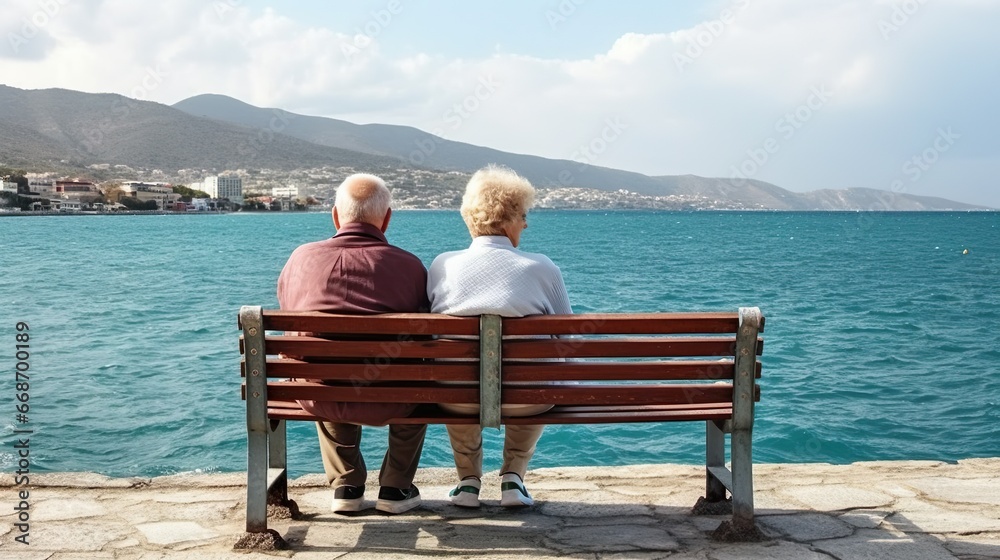 Old couple sitting by the pier made with Ai generative technology, People are fictional