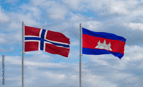 Cambodia and Norway flags, country relationship concept