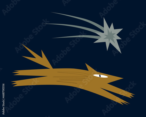 Vector running fox and shooting star on a dark blue background. Modern stylized illustration, design element.