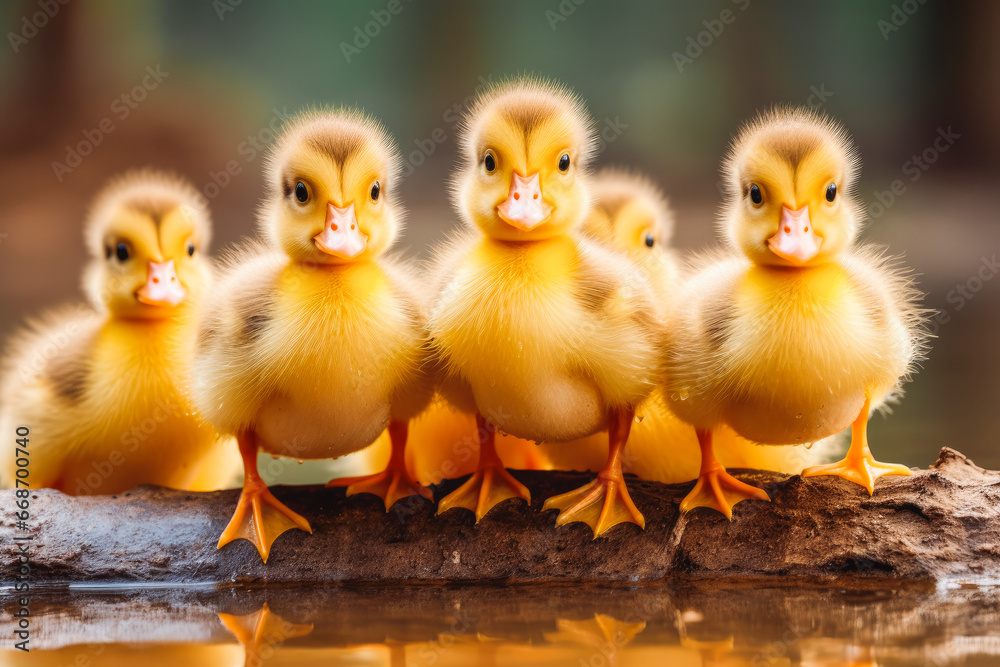 Group of young yellow ducklings looking at camera. Cute baby ducks together looking at camera