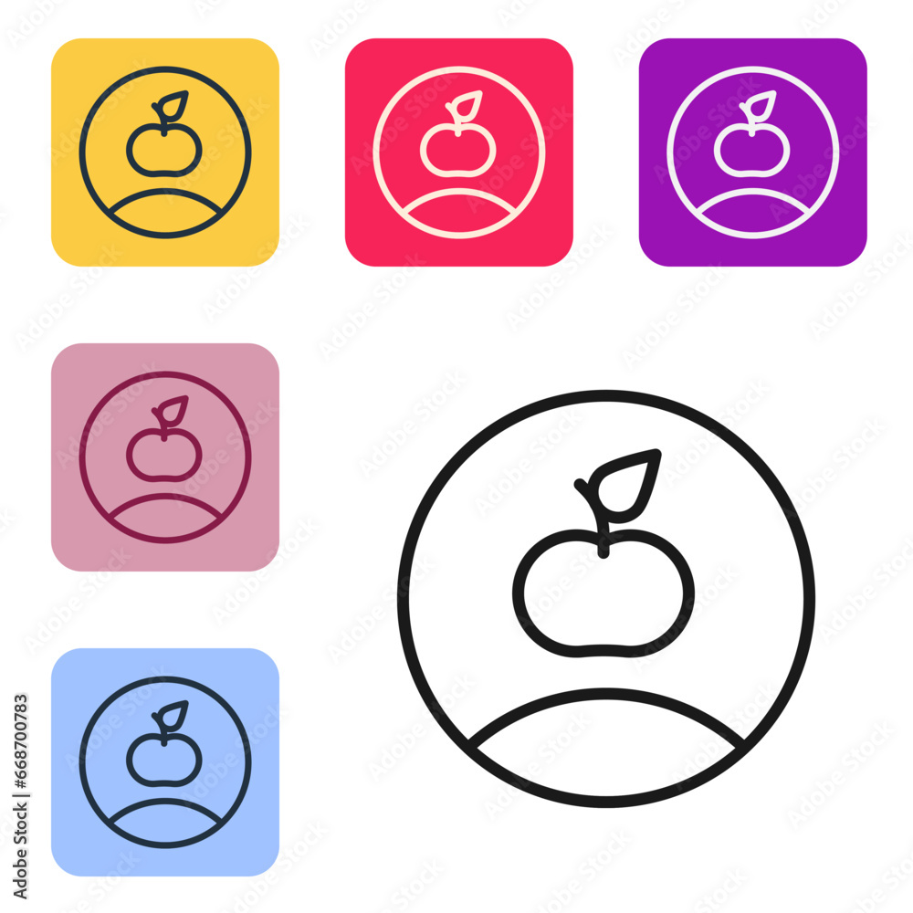 Black line Apple icon isolated on white background. Excess weight. Healthy diet menu. Fitness diet apple. Set icons in color square buttons. Vector Black line Apple icon isolated on white background. Excess weight. Healthy diet menu. Fitness diet apple. Set icons in color square buttons. Vector
