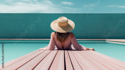 Young woman relaxing near the pool. Summer vacation in the hotel, hot day in swimming pool. 