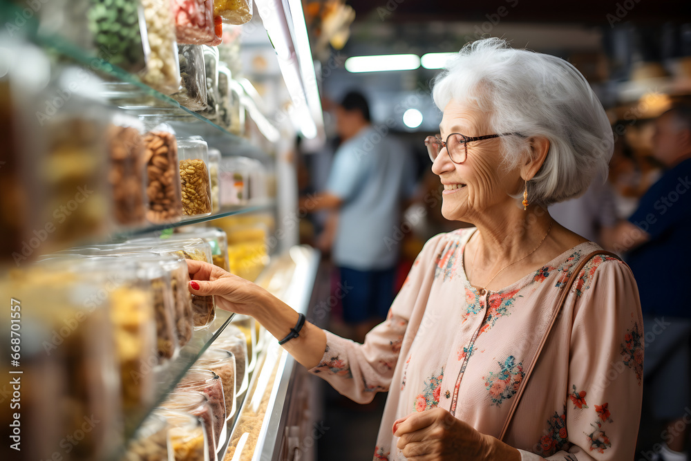 senior Caucasian woman choosing a product in a grocery store. Neural network generated image. Not based on any actual person or scene.