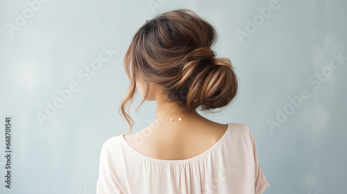 Messy dreamy low bun hairstyle for woman. Female hairstyle free bun, copy space. photo