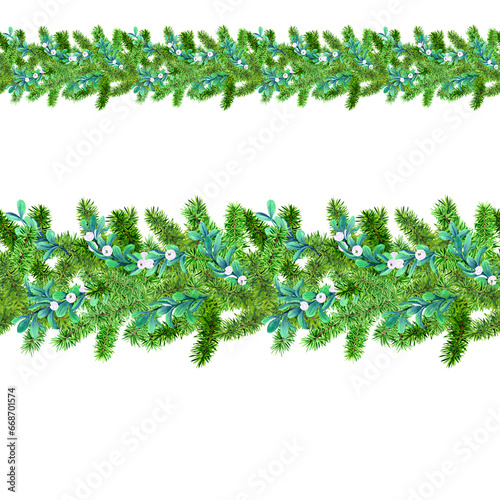 Watercolor jointless border of green fir paws and Snowberry branches. Christmas composition of pine branches.