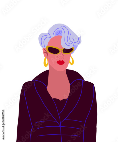 Vector illustration of stylish old woman wearing dark clothes and stylish eyeglasses. Fashion influencer old woman. Gray hair. Vector illustration