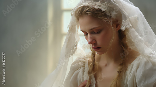 Sad bride in a white wedding dress. Unhappy young woman, failed marriage, forced wedding, family problems.