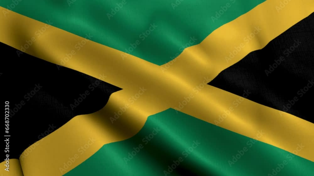 Jamaica Flag. Waving  Fabric Satin Texture Flag of Jamaica 3D illustration. Real Texture Flag of the Jamaica 4K Video