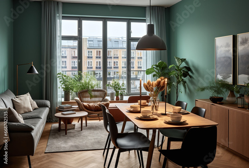 a modern styled apartment with a wall of windows and green walls