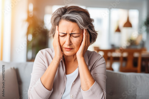 Mature woman suffering from migraine. Older woman having a headache and holding her head in pain. photo