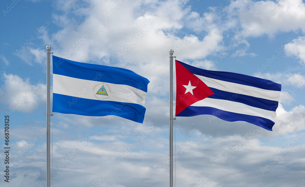 Cuba and Nicaragua flags, country relationship concept