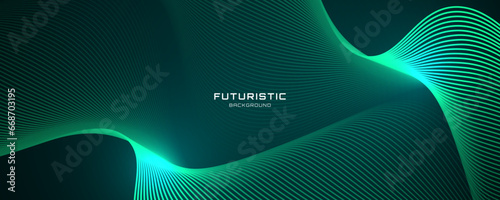 3D green techno abstract background overlap layer on dark space with glowing waves shape effect decoration. Modern graphic design element lines style concept for banner, flyer, card, or brochure cover