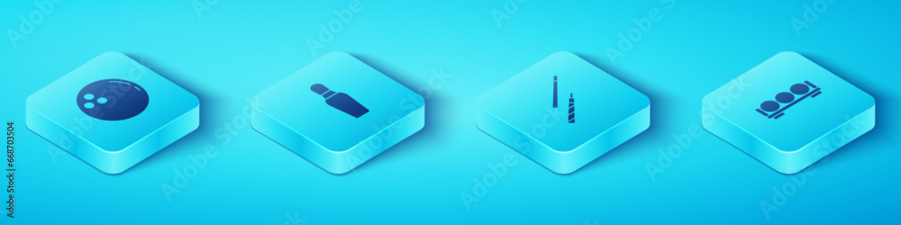 Set Isometric Bowling ball, pin, Billiard balls on stand and cue icon. Vector Set Isometric Bowling ball, pin, Billiard balls on stand and cue icon. Vector