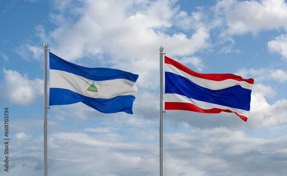 Thailand and Nicaragua flags, country relationship concept