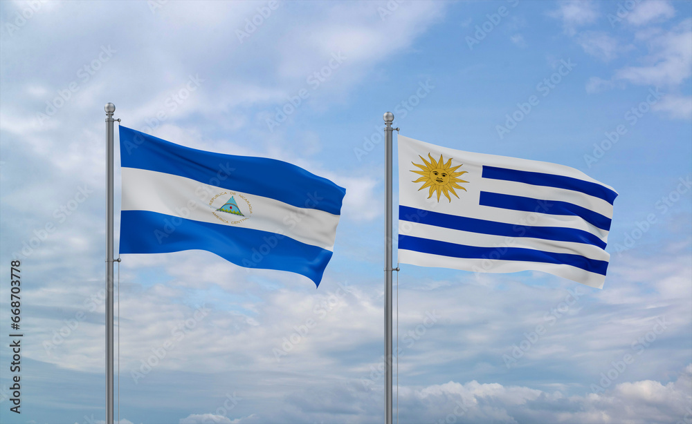 Fototapeta premium Uruguay and Nicaragua flags, country relationship concept