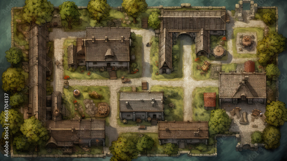 DnD Map Medieval Village Aerial Panorama