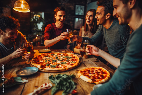 Friends enjoying pizza for dinner together. Gathered around the table a group of friends indulges in a pizza. photo