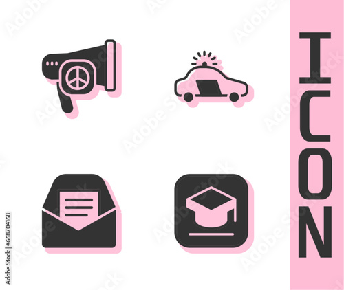 Set Graduation cap, Peace, Mail and e-mail and Police car flasher icon. Vector