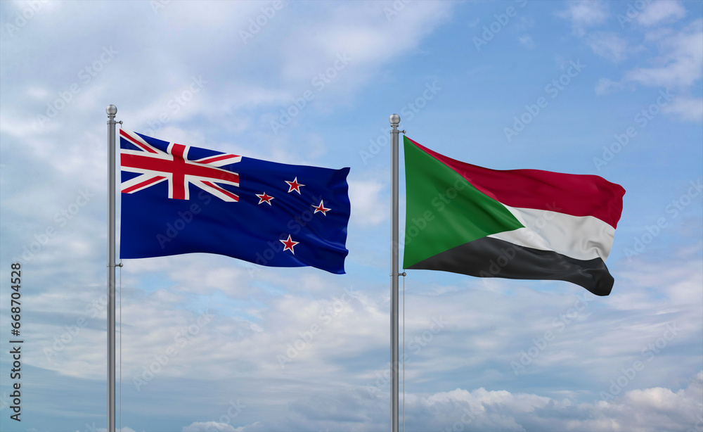 Sudan and New Zealand flags, country relationship concept