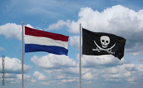 Pirate and Netherlands flags, country relationship concept