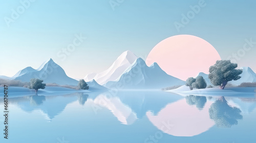 Abstract Futuristic Mountains Reflected in a Lake extreme closeup. Generative AI