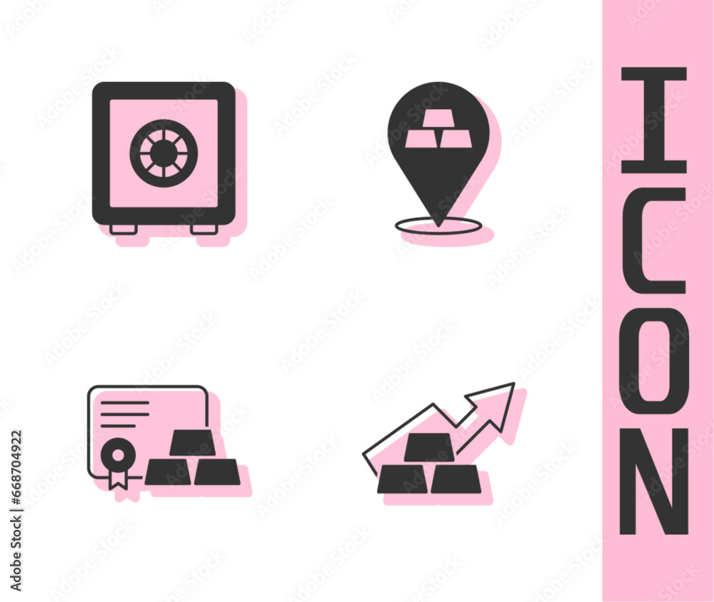 Set Growth arrow with gold bars, Safe, Gold certificate and icon. Vector Set Growth arrow with gold bars, Safe, Gold certificate and icon. Vector