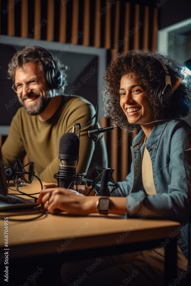 Podcasters, women and men at the microphone, recording podcasts together. Lively discussions. High quality photo. Generated by AI