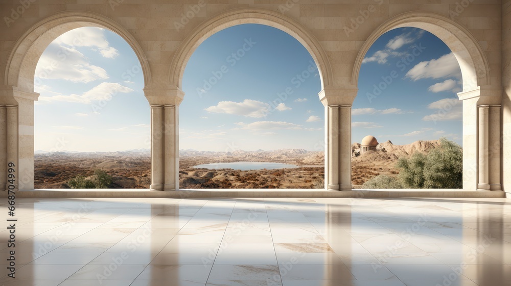 Modern cave-inspired room with panoramic window revealing vast desert landscape, blending nature and architecture.
