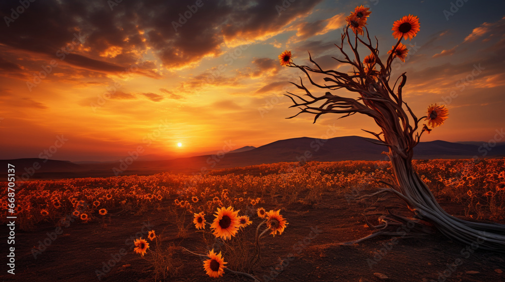 Alone tree  with sun flowers field at sunset