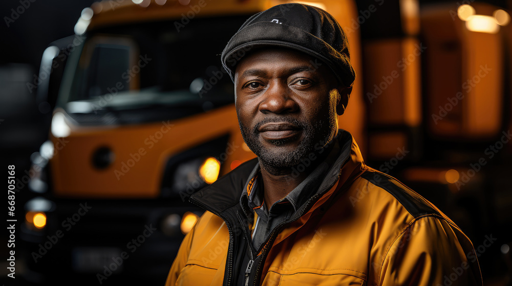 Fototapeta premium Portrait of Truck Driver in Front Truck extreme closeup. Generative AI