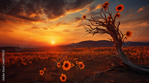 Alone tree with sun flowers field at sunset