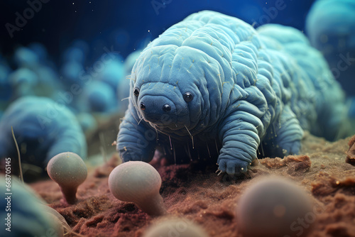 Microscope View of a Tardigrade and some Bacterias extreme closeup. Generative AI photo