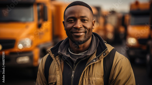 Portrait of Truck Driver in Front Truck extreme closeup. Generative AI