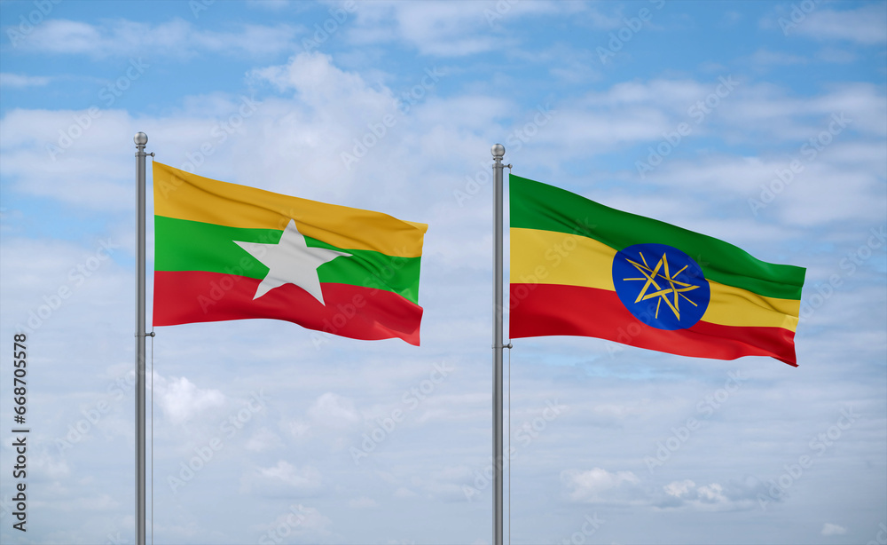 Ethiopia and Myanmar flags, country relationship concept Ethiopia and Myanmar flags, country relationship concept