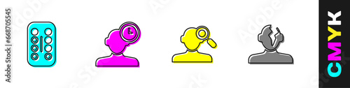 Set Sedative pills, Insomnia, Finding problem in psychology and Solution icon. Vector